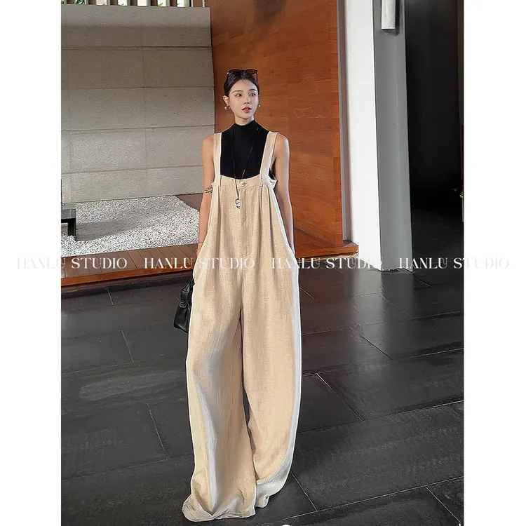 HanLu studio百搭杏色宽松棉麻连体背带裤女