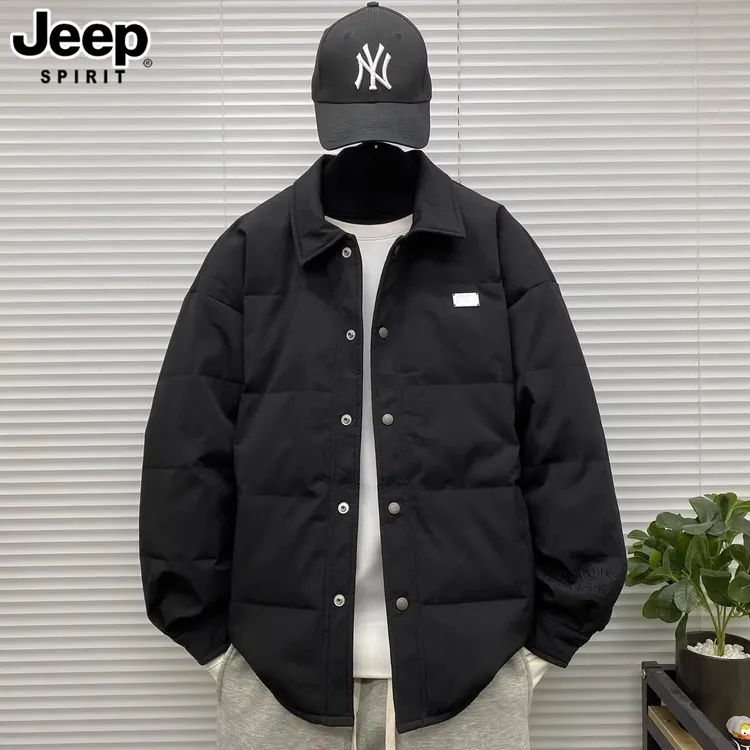 JEEPSPIRIT吉普轻薄款翻领羽绒服男士冬装大码高级感条纹休闲衬衫