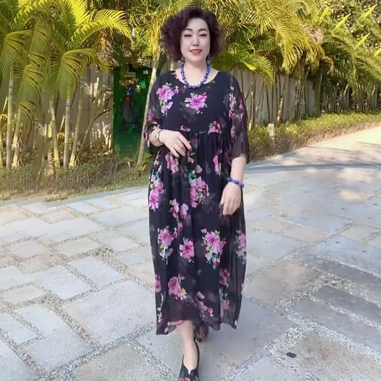 H夏季舒适民族风圆领短袖连衣裙复古碎花连衣裙加肥加大显瘦长裙