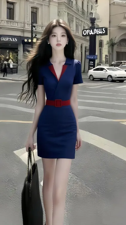 夏季新款轻熟知性风藏青色V领短袖修身收腰包臀连衣裙女时尚气质