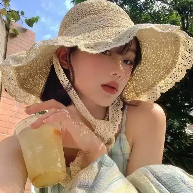 春夏新款法式草帽蕾丝花边防晒帽夏季海边沙滩遮阳帽居家套装