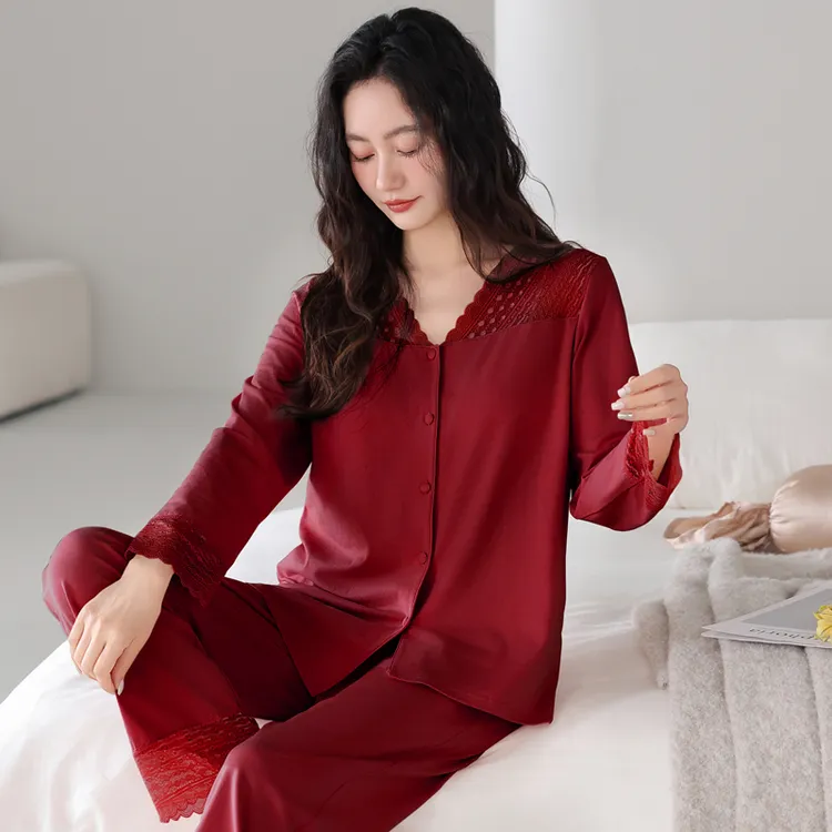 睡衣女款爆款2025新款套装纯棉春秋女士大码红色酒红本命年家居服