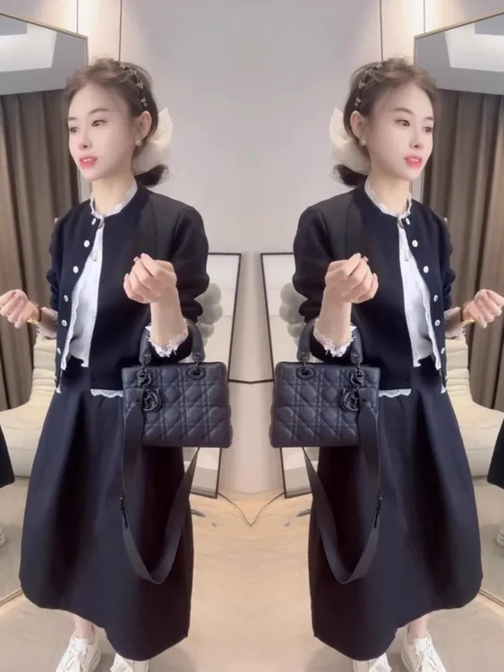欧货洋气小香风时尚套装女2025春夏新款减龄拼接圆领外套+半身裙