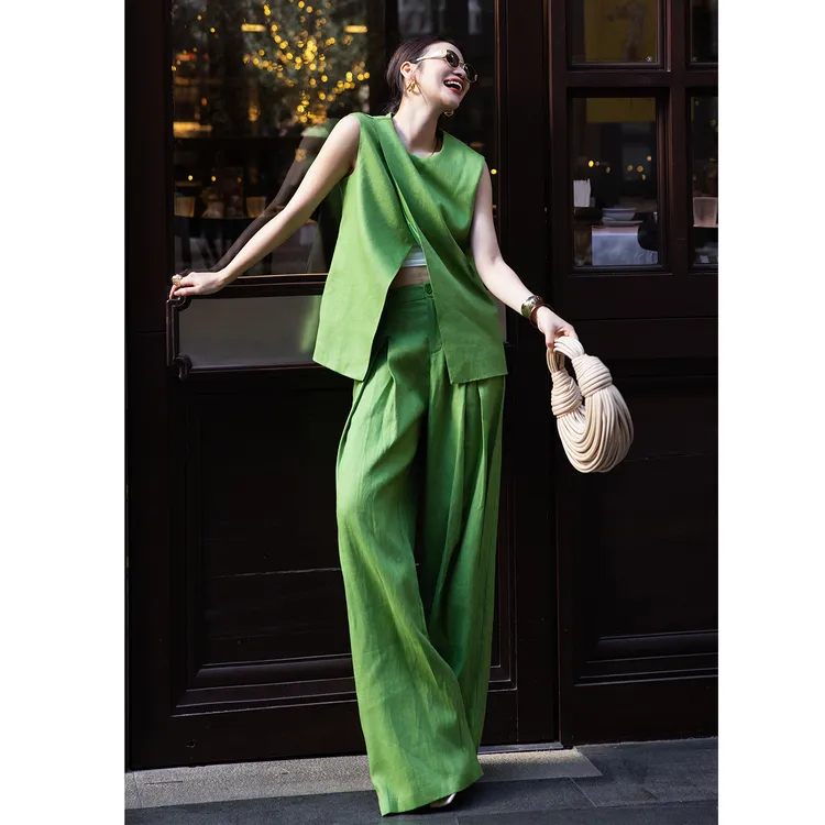 老钱风松弛感时尚麻料套装绿色无袖纯亚麻上衣阔腿长裤气质两件套