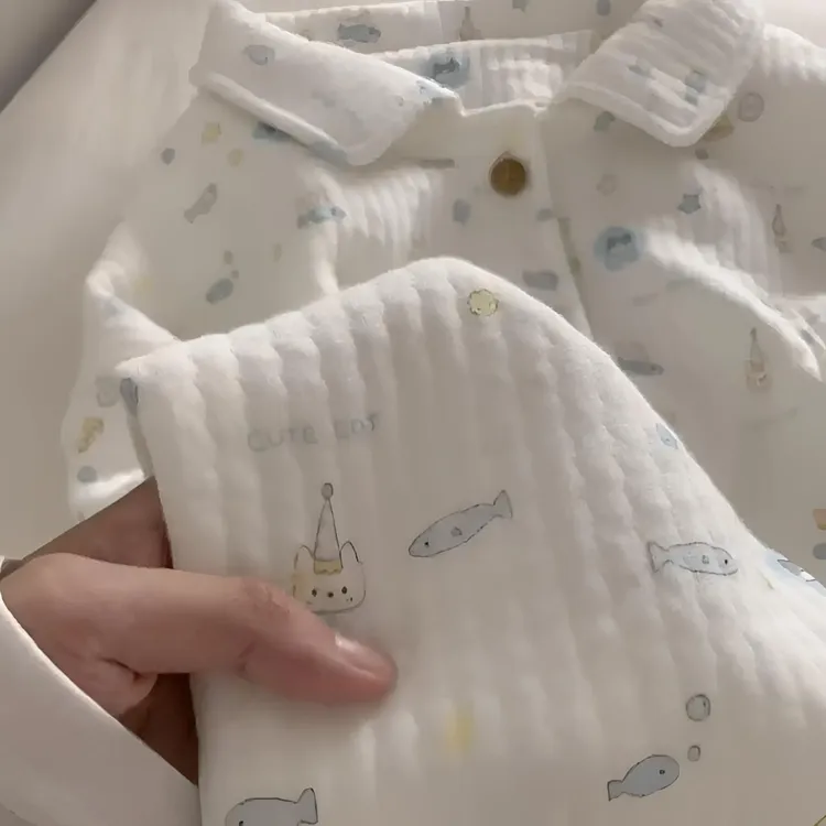 可爱小鱼泡泡印花空气棉保暖睡衣套装长袖空气棉睡衣女冬季家居服