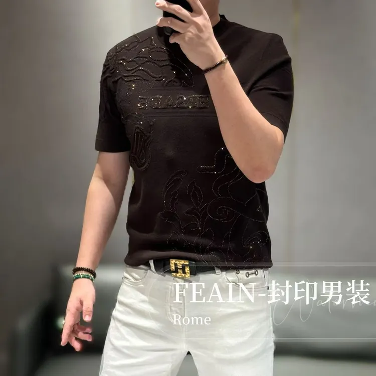 【FEAIN品牌】高端男士立体浮雕提花美人头奥钻点缀针织短袖Q010