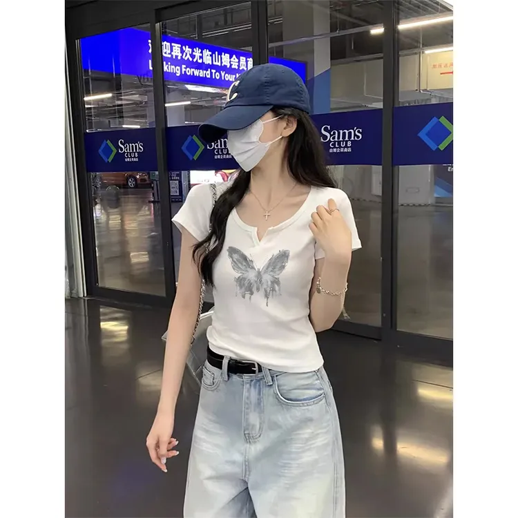 设计感小V领修身短袖T恤女装2025年夏季正肩正肩显瘦短袖t恤女