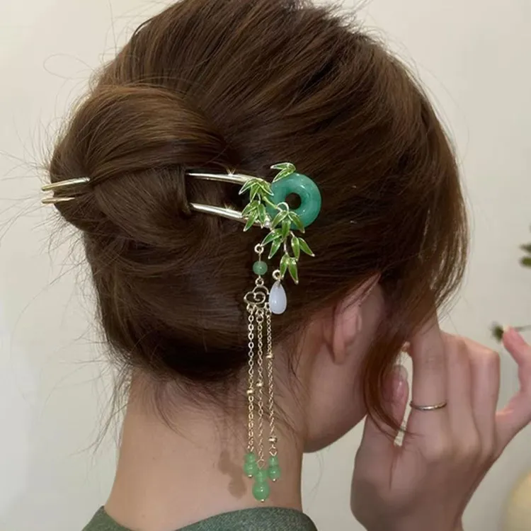 新中式平安扣竹子发簪女新款古风步摇流苏盘发簪子汉服盘发钗头饰