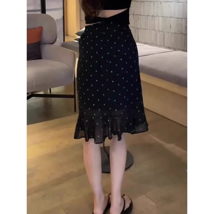 2025夏季薄款黑色性感木耳边波点半身裙女时尚气质包臀显瘦短裙子