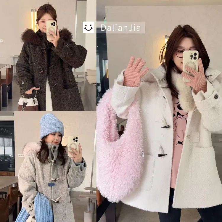 晶咕佳佳【浓缩牛乳茶】颗粒感连帽毛领大外套时尚百搭加厚棉服