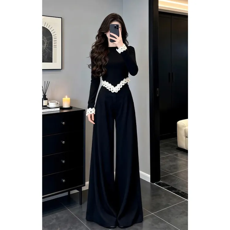 秋日ootd穿搭一整套韩系修身长袖T恤上衣女高腰阔腿裤气质两件套