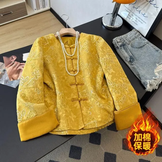 冬季新中式唐装圆领夹棉棉衣女重工刺绣提花珠片长袖拼接棉袄外套