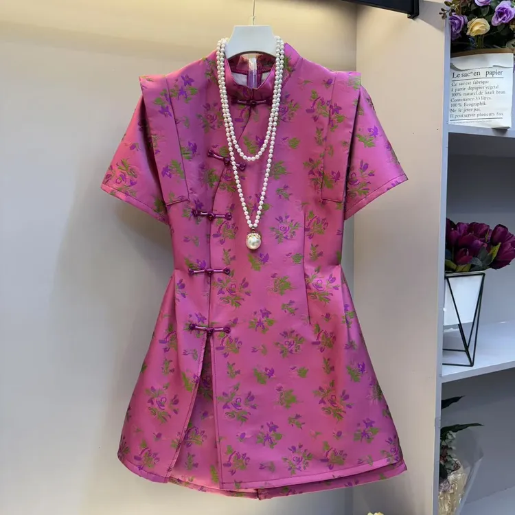 女装立领盘扣短袖洋气上衣时尚短裤胖妹妹夏季款花朵新中式套装