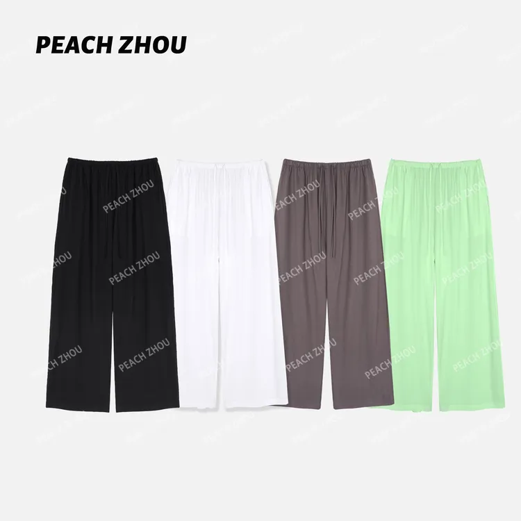 『PEACHZHOU』纯棉针织纸片裤宽松直筒休闲裤纯色百搭松紧腰阔腿裤