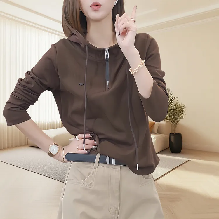 网红爆款半拉链设计感连帽长袖T恤女士宽松洋气减龄复古休闲打底
