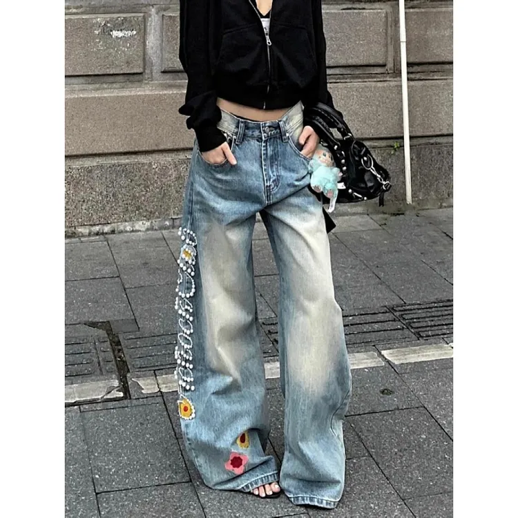美式复古钉珠设计感牛仔裤男女冬季新款街头做旧宽松直筒阔腿长裤