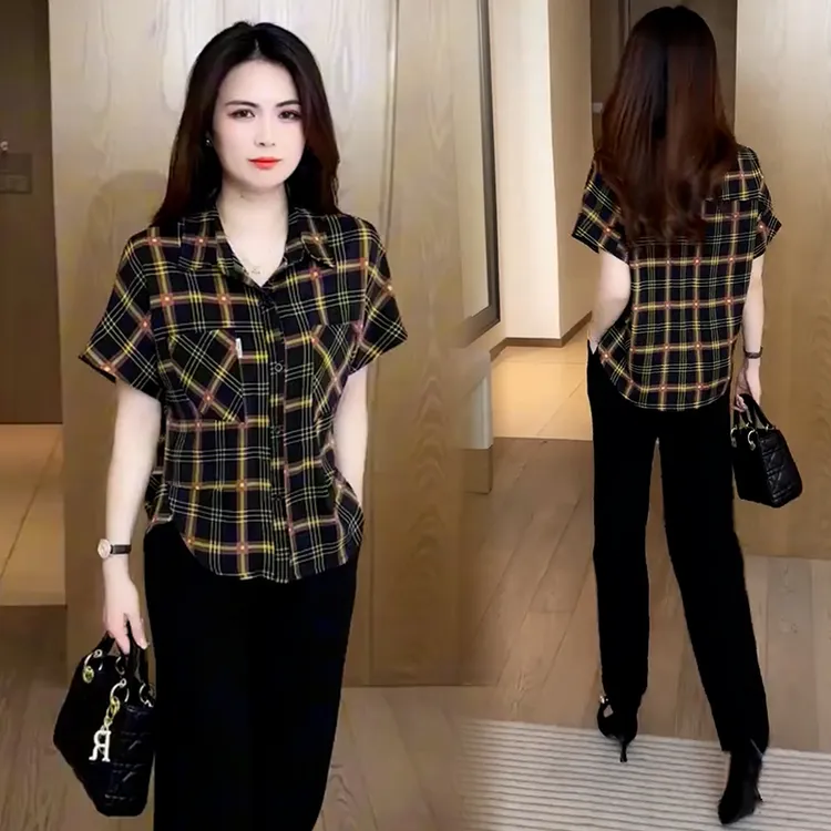 时尚格子衬衫女2025夏季新款洋气遮肚子显瘦百搭宽松休闲短袖上衣