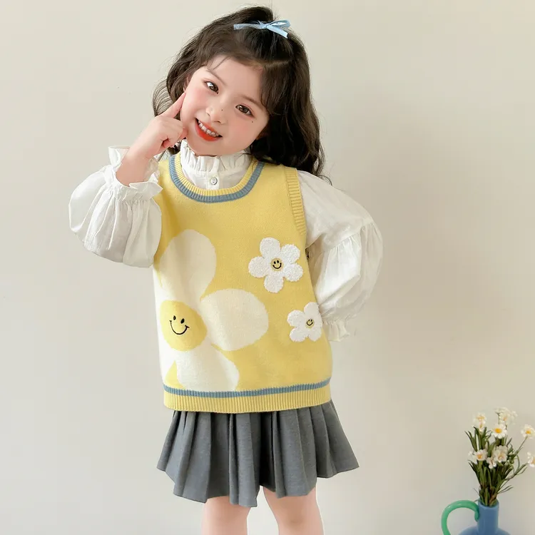女童秋套装2025新款刺绣儿童针织衫马甲春秋款洋气时髦女宝宝衣服