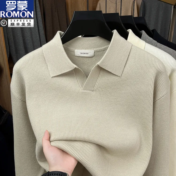 罗蒙男士新款时尚简约翻领套头毛衣秋季日常通勤风宽松针织打底衫