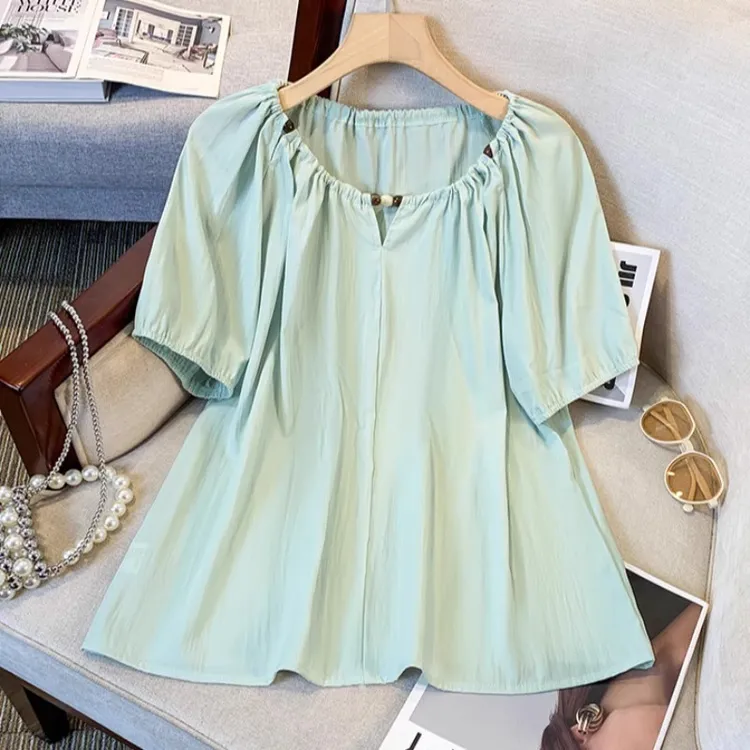 2025新款夏季减龄洋气短袖衬衫大码女装胖mm宽松遮肚别致小衫上衣