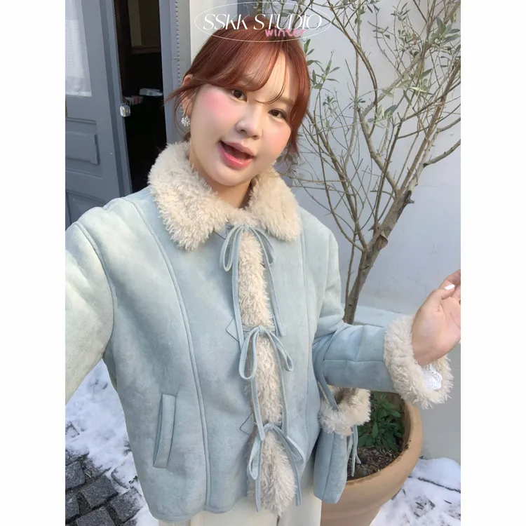 KMZY/KMZY山_山【冬日小羊羔】微胖韩系甜美蝴蝶结麂皮绒外套配包包