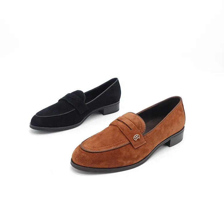 复古英伦百搭轻职风低跟经典乐福鞋羊猄皮一脚蹬单鞋女