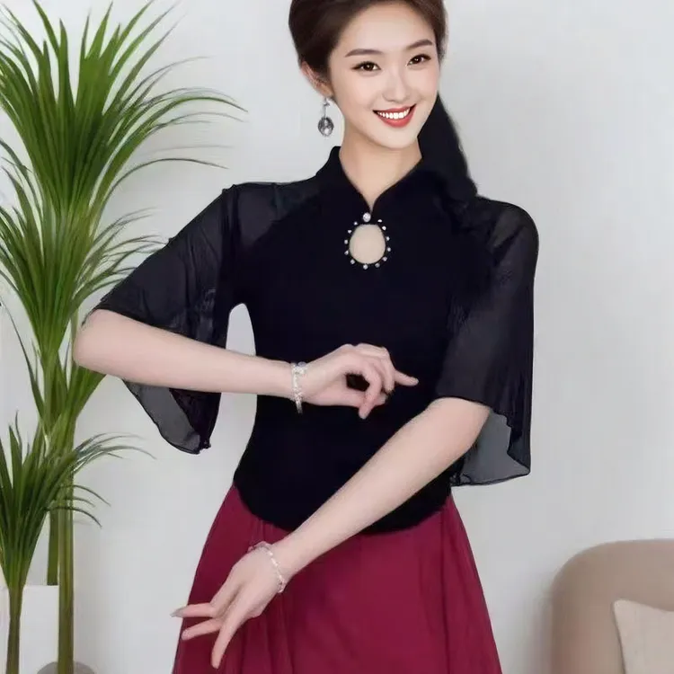 新款广场舞新中式立领五分袖休闲百搭气质显瘦上衣