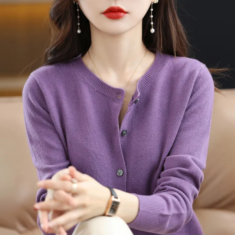 女长袖毛针织衫春夏镂空针织开衫春秋圆领宽松针织衫上衣外搭