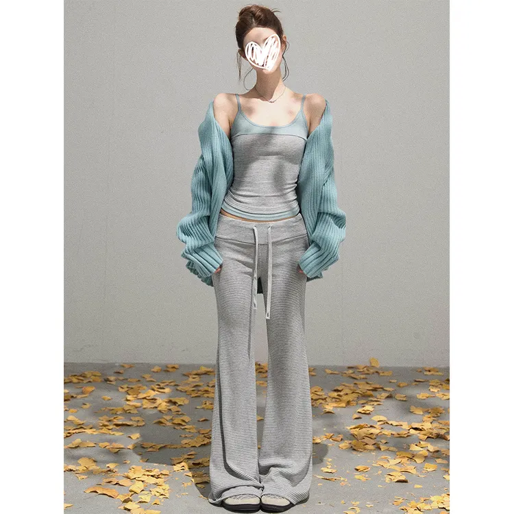 宽松针织毛衣外套女条纹背心垂感微喇长裤套装 22363#