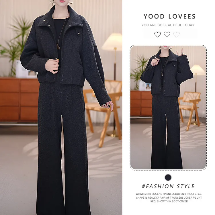 2025冬季新款减龄时尚立领长袖外套上衣直筒阔腿裤女保暖洋气套装