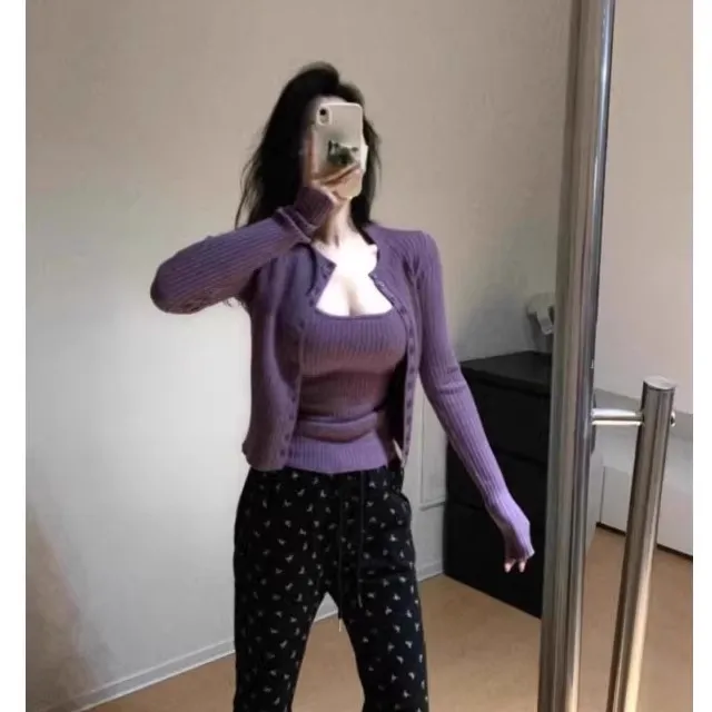 韩系chic别致穿搭针织吊带开衫两件套女早春季紫色修身显瘦小上衣