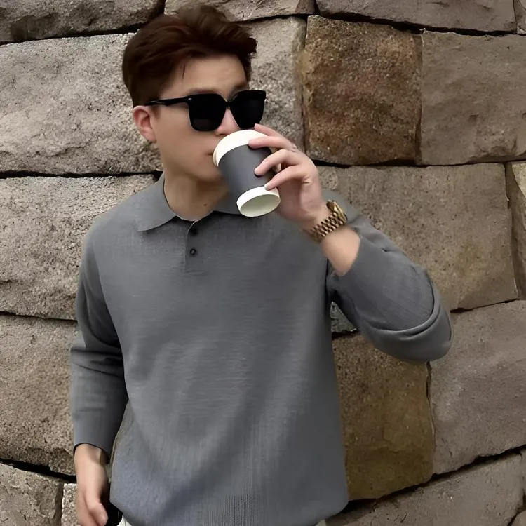 CHANGS 琥珀流光老钱风polo衫男士翻领镂空长袖2025秋季男款8801