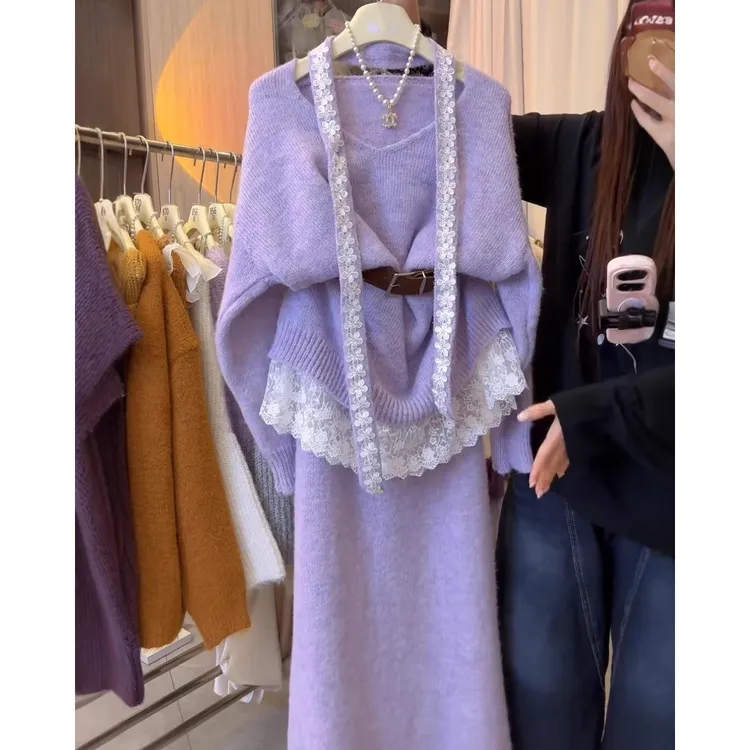 法式温柔风紫色套装裙女秋冬款宽松慵懒V领套头毛衣半身裙两件套