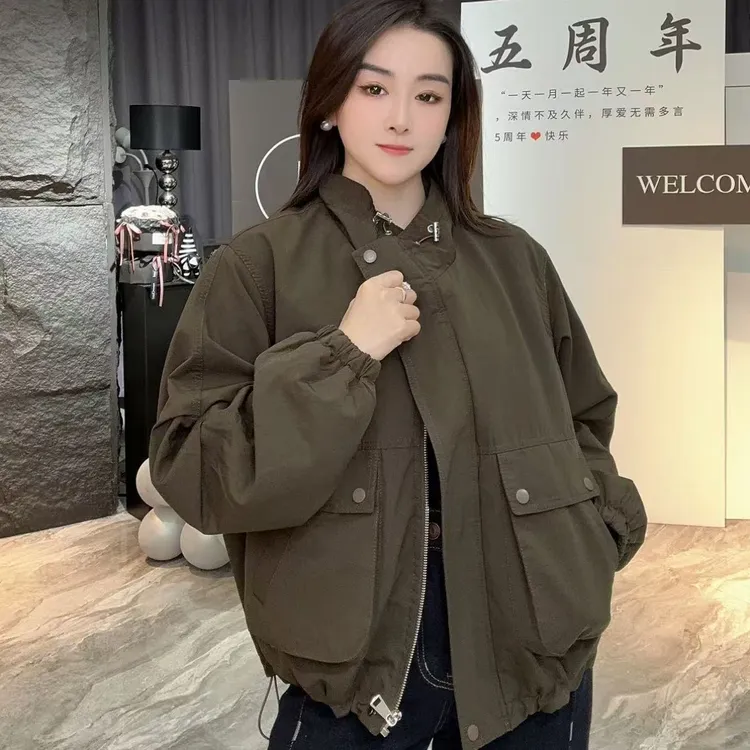 9709秋冬新款时尚下摆抽绳厚款冲锋衣双口袋风衣外套