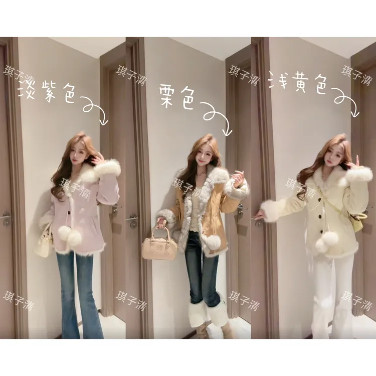 复古港风皮毛一体拼接翻领外套女冬季2025新款收腰显瘦外套