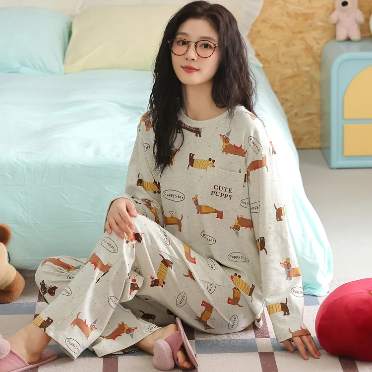  卡之恋睡衣女春秋季新款长袖纯棉浅灰满印小狗减龄萌趣家居服