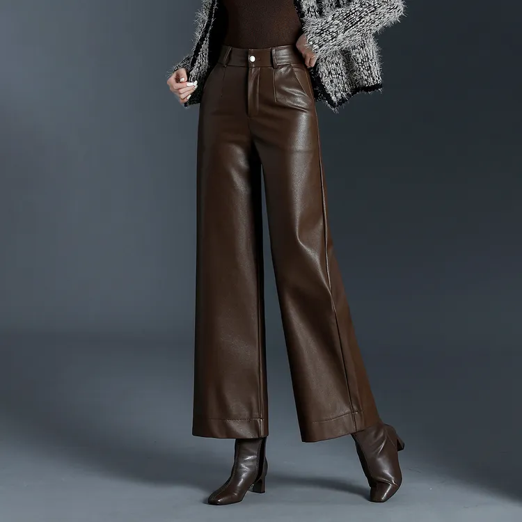 深咖色加绒直筒裤女九分裤皮裤秋冬新款高腰显瘦宽松小个子休闲裤