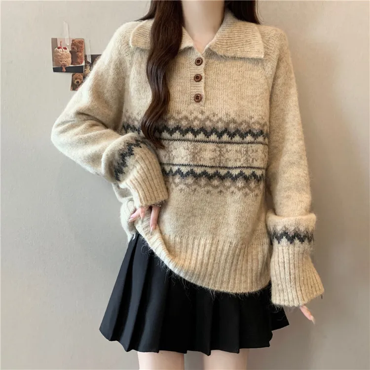 慵懒风软糯翻领正肩毛衣女2025秋季新款大码胖mm费尔岛针织衫上衣