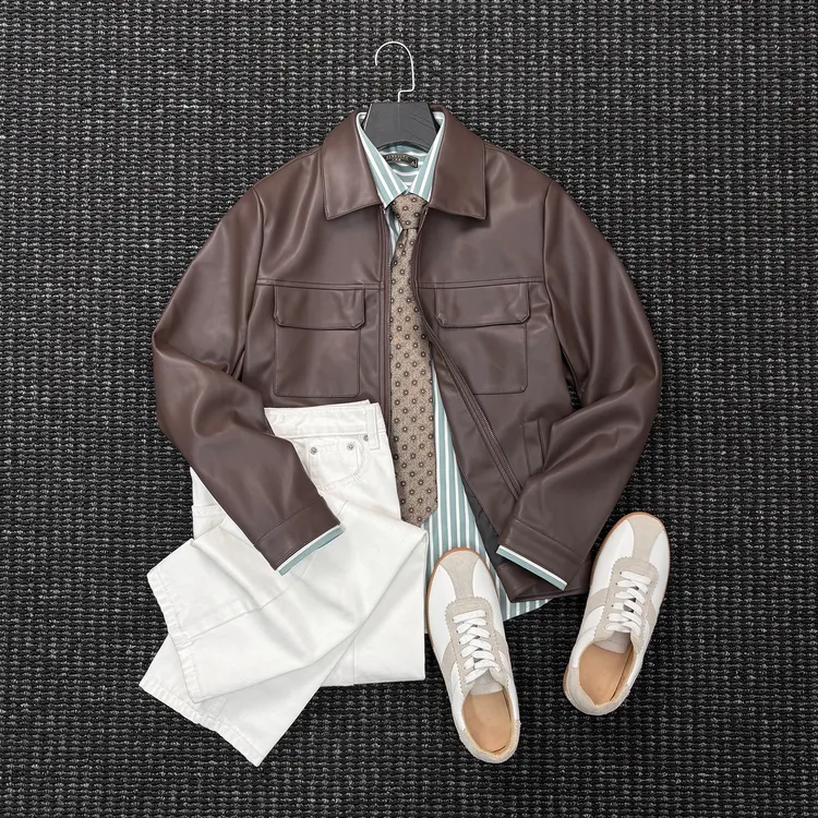 There isrice休闲双口袋皮衣男短款机车服男士美拉德翻领夹克外套