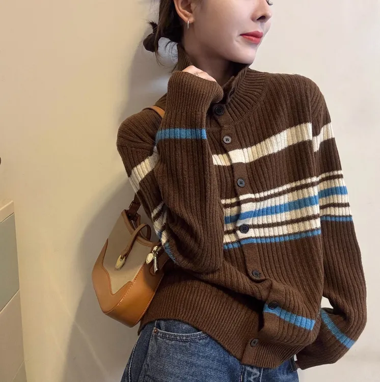 复古撞色条纹高领毛衣开衫新款慵懒风宽松显瘦百搭外套上衣G9-83