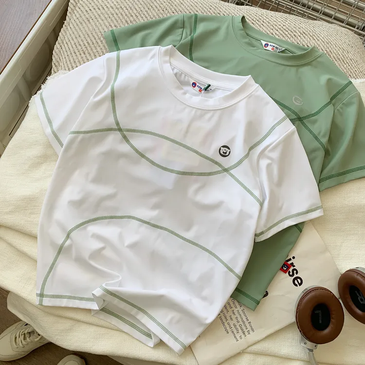 2025夏季男童短袖儿童圆领时髦撞色线上衣男孩休闲百搭宽松T恤衫