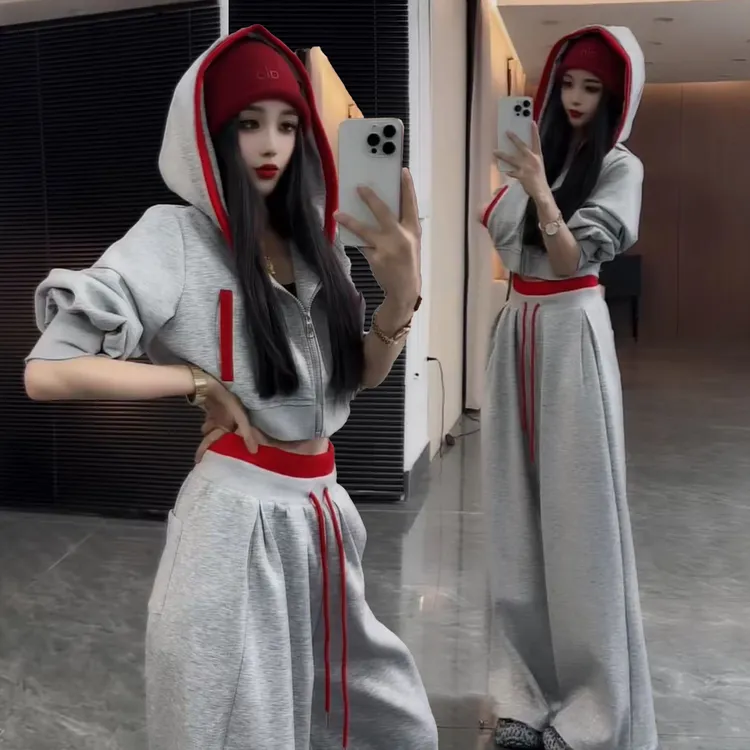 韩版显瘦休闲运动服套装女2025春秋季新款连帽短款卫衣高腰阔腿裤