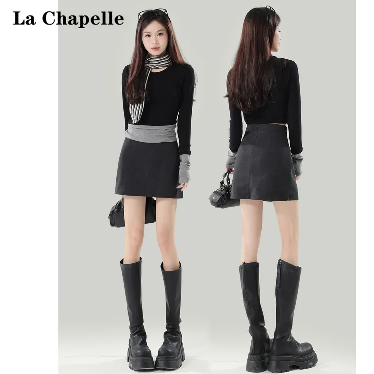 拉夏贝尔灰色毛呢半身裙女2025新款秋季高腰显瘦a字辣妹包臀短裙