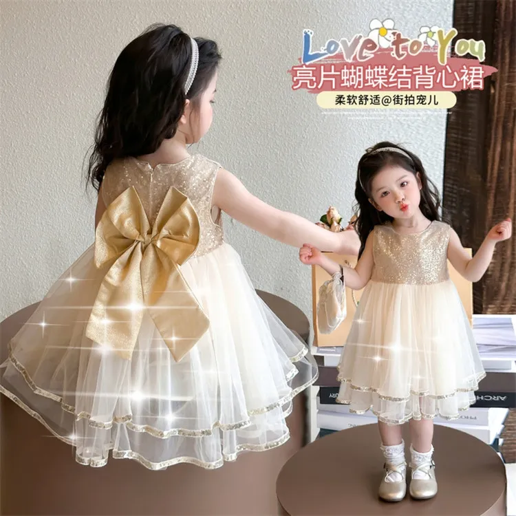 童装新款2025春秋时尚2025夏款上新品质儿童服装亮片蝴蝶结连衣裙
