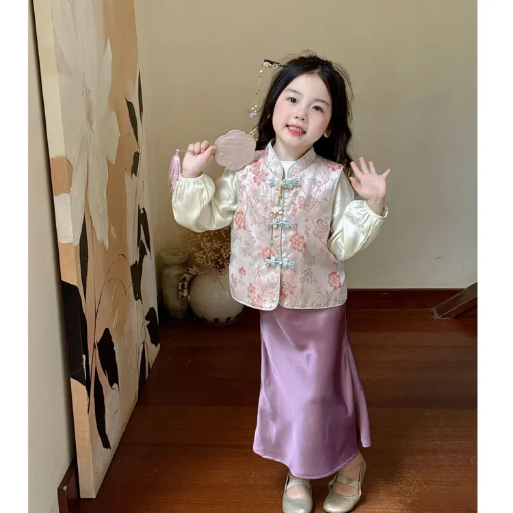 壹妈原创设计新款童装套装新中式可爱马甲上衣国风气质复古套装裙