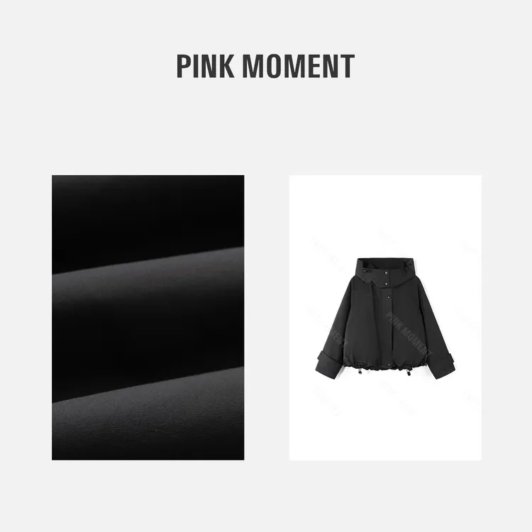 PM王囡囡 黑色连帽纽扣防风领暗门襟下摆抽绳羽绒外套 ND1D1976