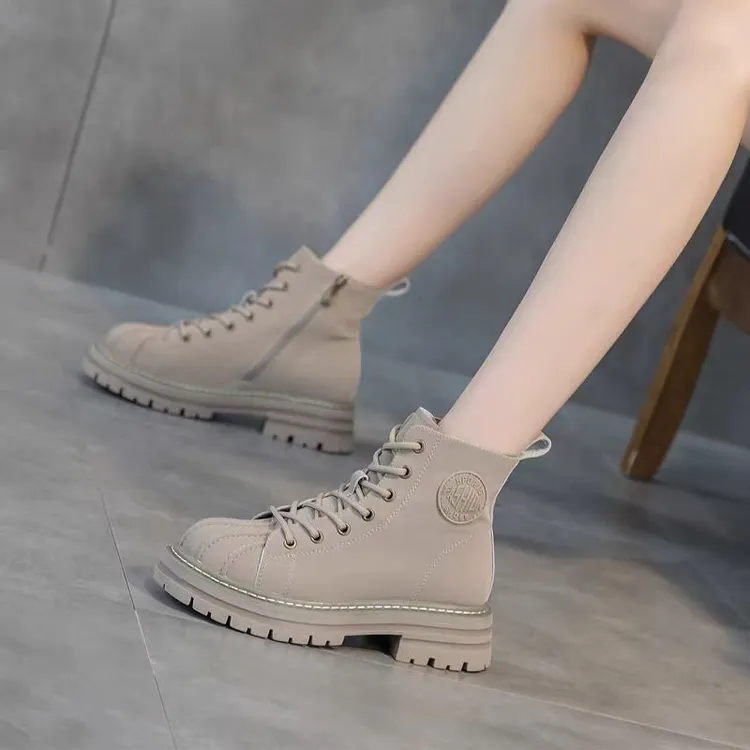 马丁靴中跟厚底百搭交叉绑带秋冬秋季女靴平跟22083