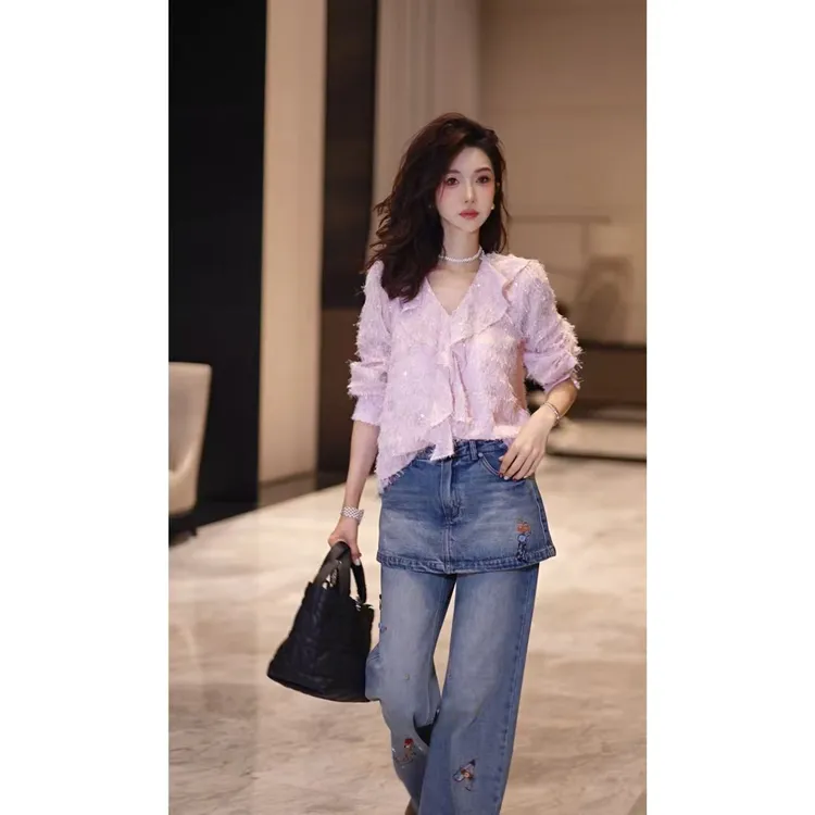 yiyiya.Guo艺艺吖【千禧繁星】早春荷叶边亮片长袖上衣110107SS52
