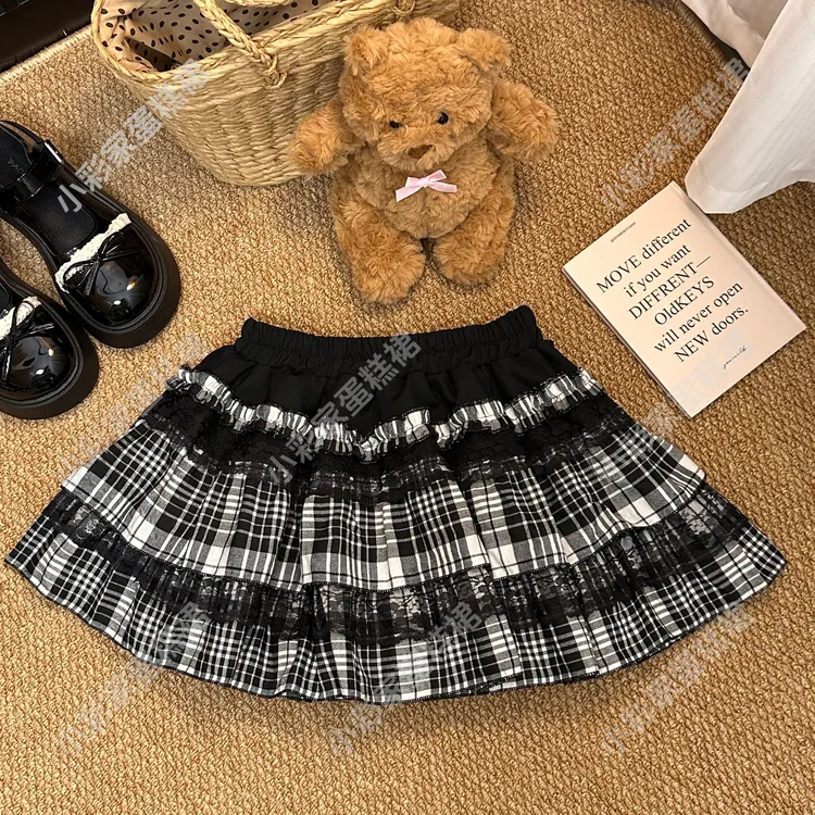【437】厚款格子短裙蕾丝半身裙高腰秋冬季百褶裙学院风韩版女裙子