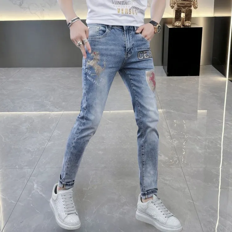 【马到成功】2026新款本命年休闲弹力修身小脚浅蓝色牛仔裤男长裤潮